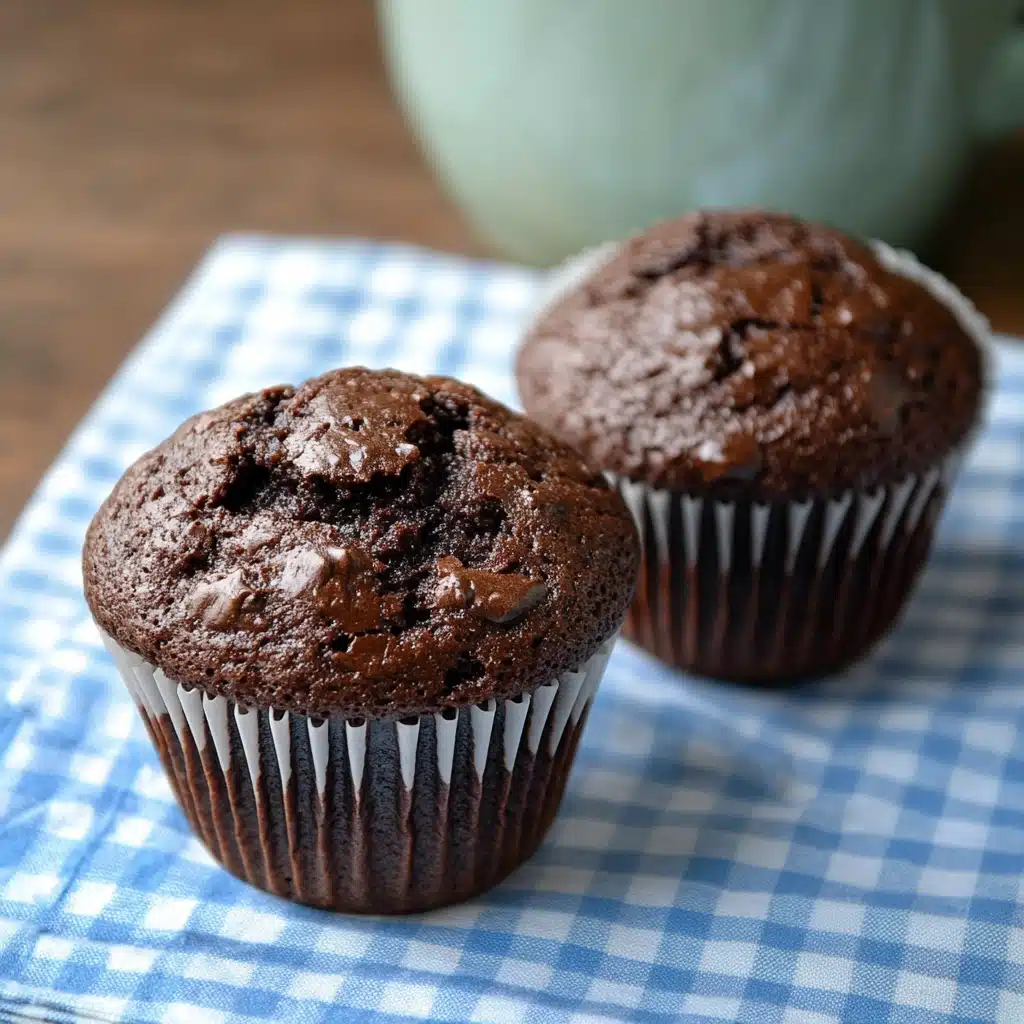 chocolate muffins stacked on top of each other with the words super moist double chocolate muffins