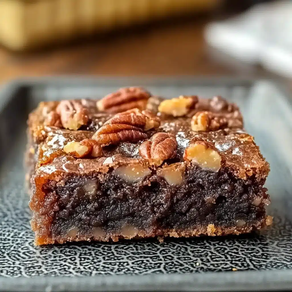 brownies with pecan pie in the background and text overlay that reads easy dessert recipe pecan pie brownies