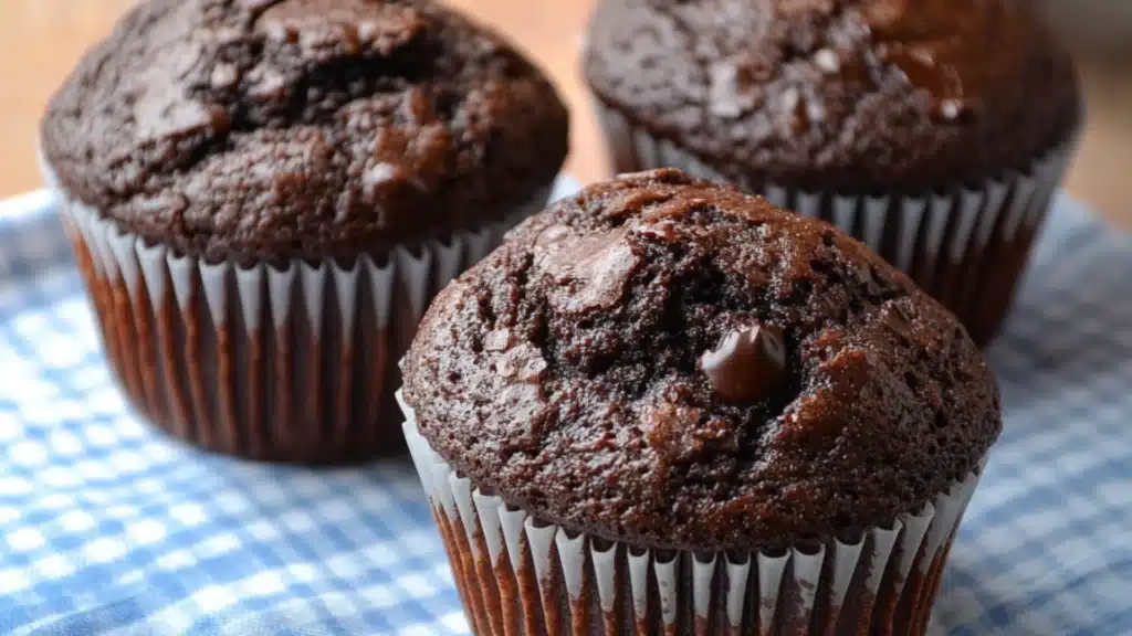 chocolate muffins stacked on top of each other with the words super moist double chocolate muffins