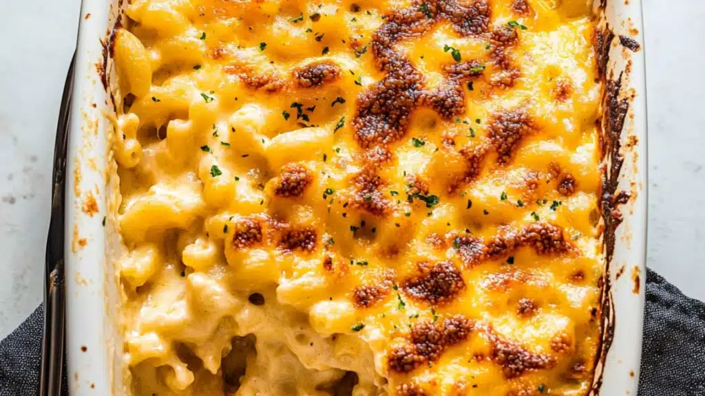creamy baked macaroni and cheese is served in a casserole dish with a serving spoon
