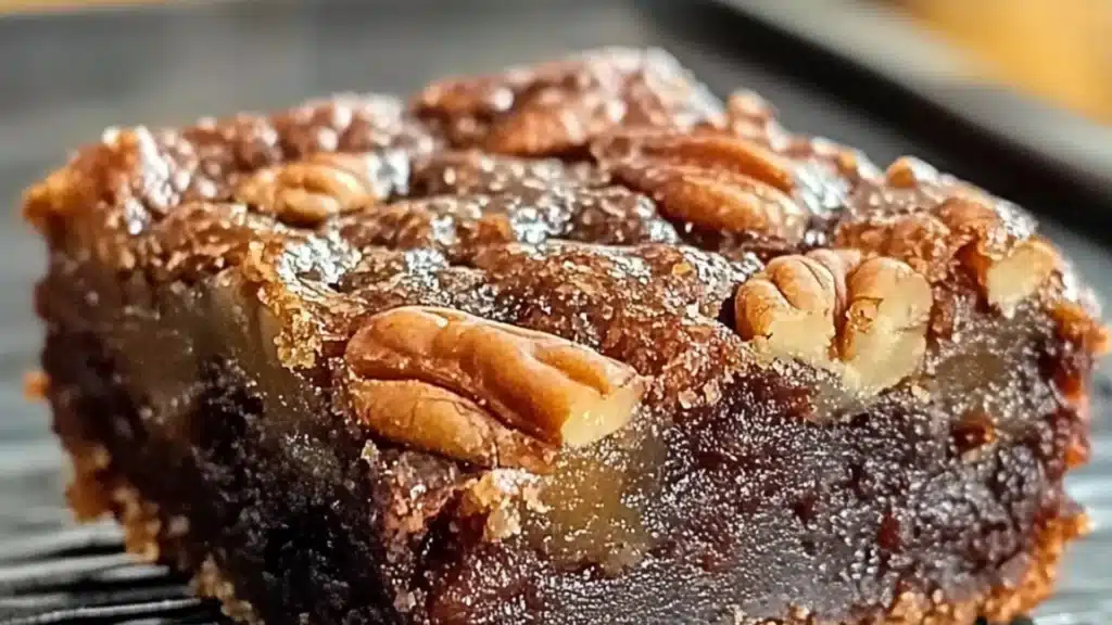 brownies with pecan pie in the background and text overlay that reads easy dessert recipe pecan pie brownies