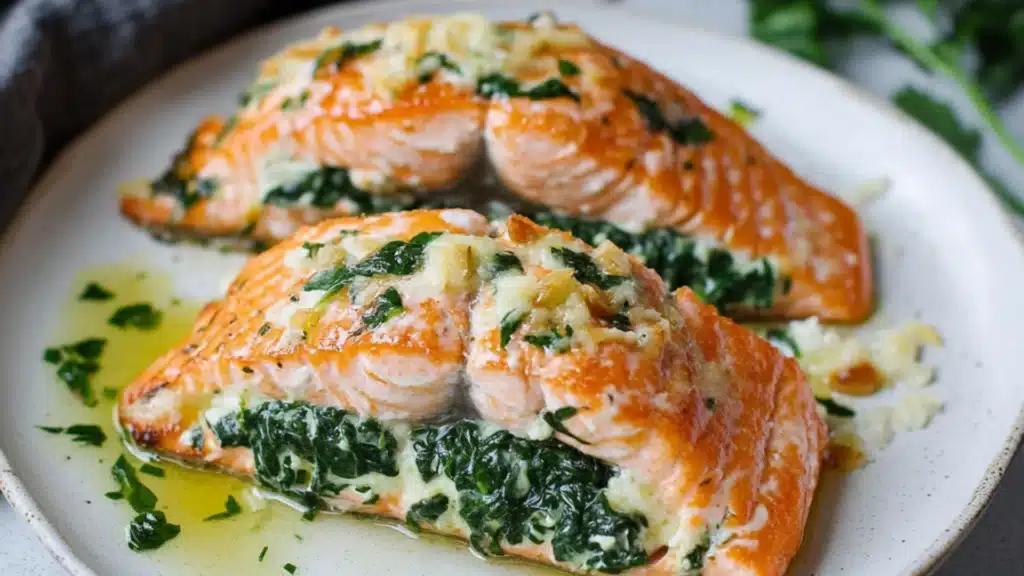grilled salmon with spinach sauce on a white plate and an orange border over the top