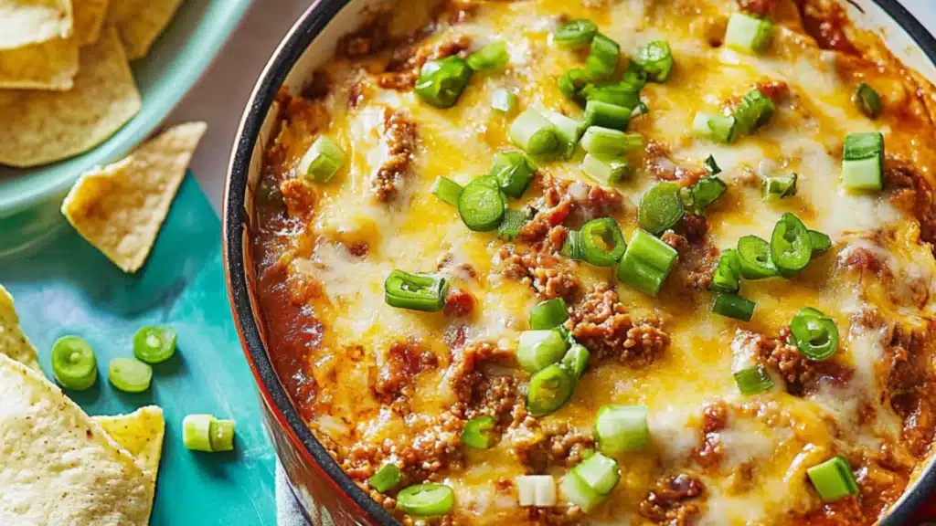 a hand holding a tortilla chip over a bowl of chili and cheese dip