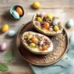 three desserts with chocolate, marshmallows and flowers on them are arranged in the shape of eggs