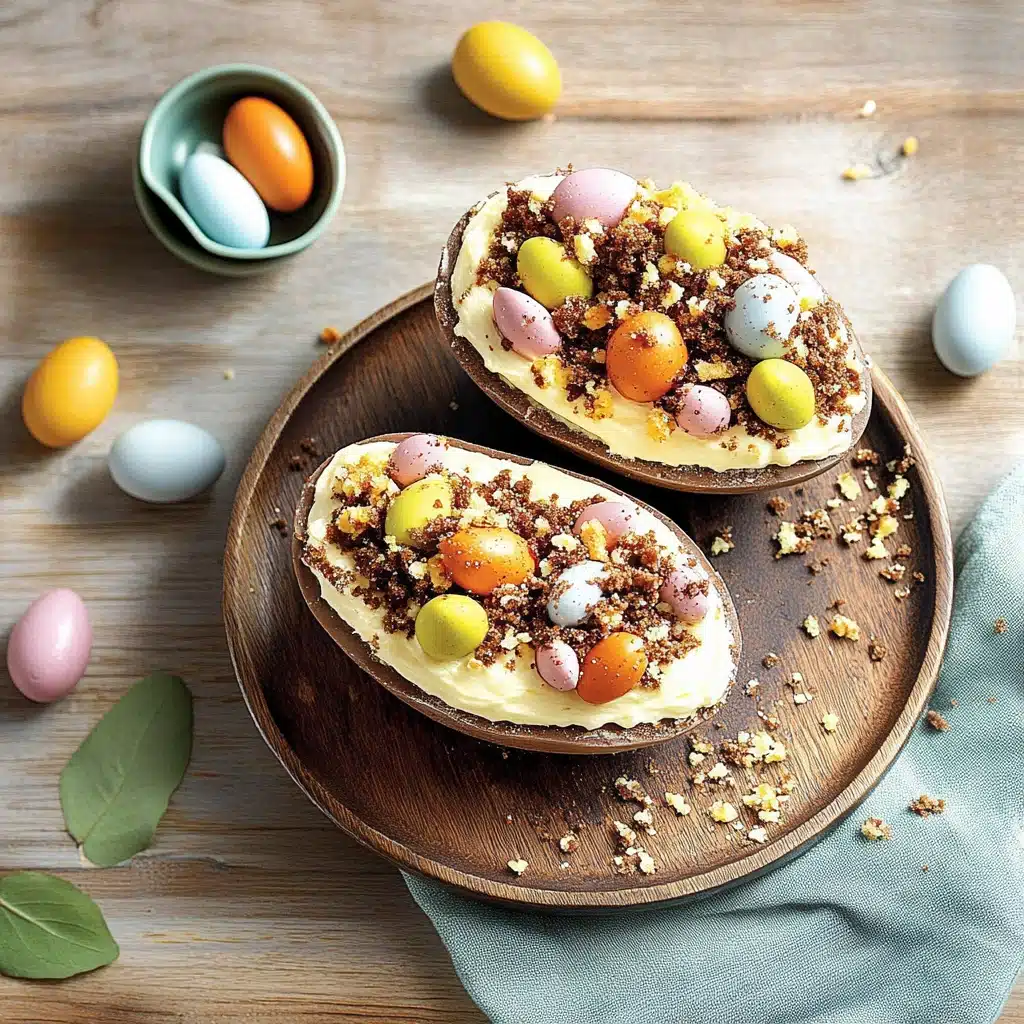 three desserts with chocolate, marshmallows and flowers on them are arranged in the shape of eggs
