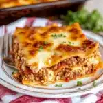 a close up of a plate of food with lasagna and cheese on it