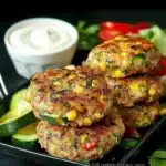 grilled vegetable cakes stacked on top of each other