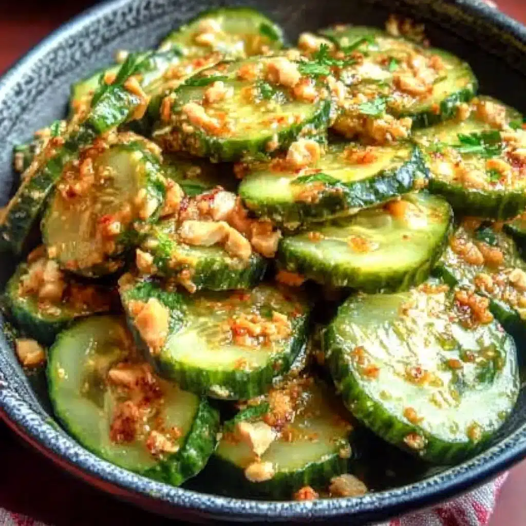 cucumbers in spicy peanut sauce on a plate with text overlay that reads cucumbers in spicy peanut sauce