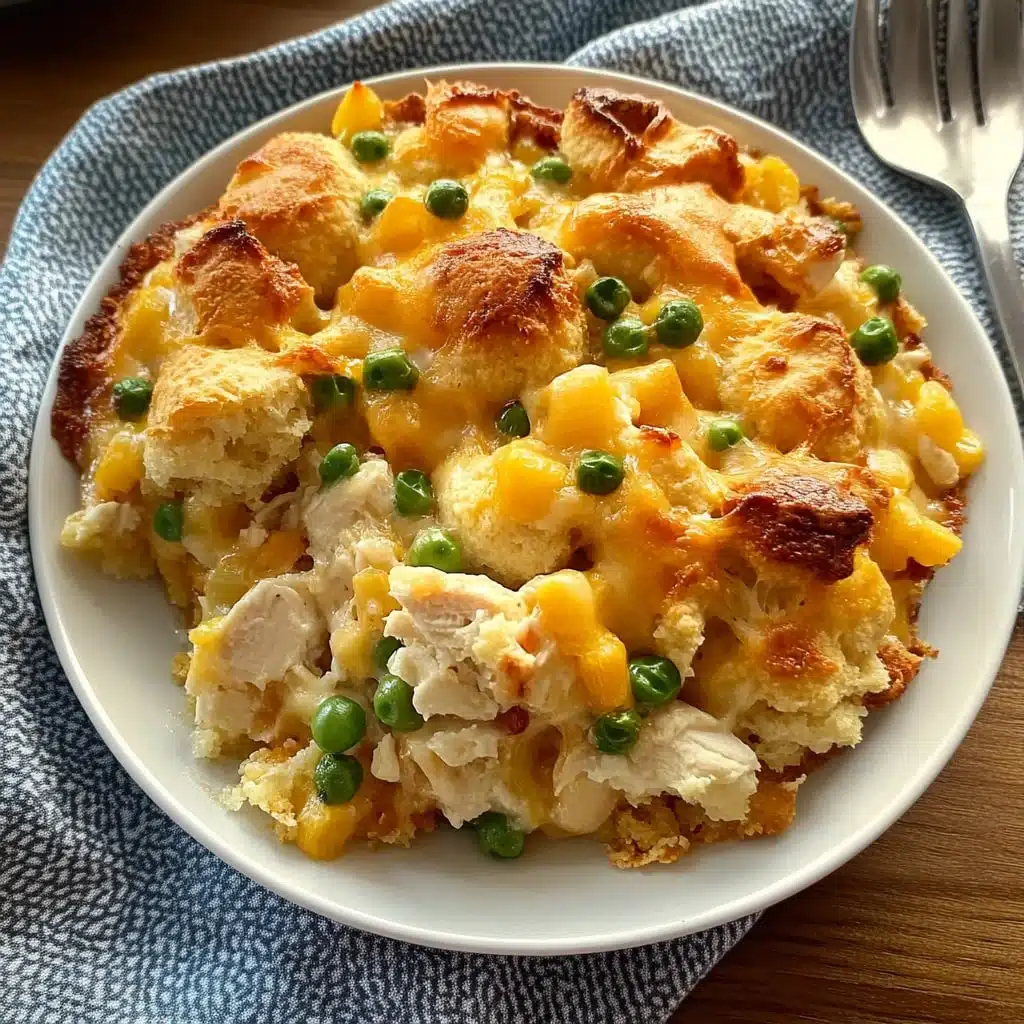 chicken cobbler casserole with cheese and crackers on the side is shown