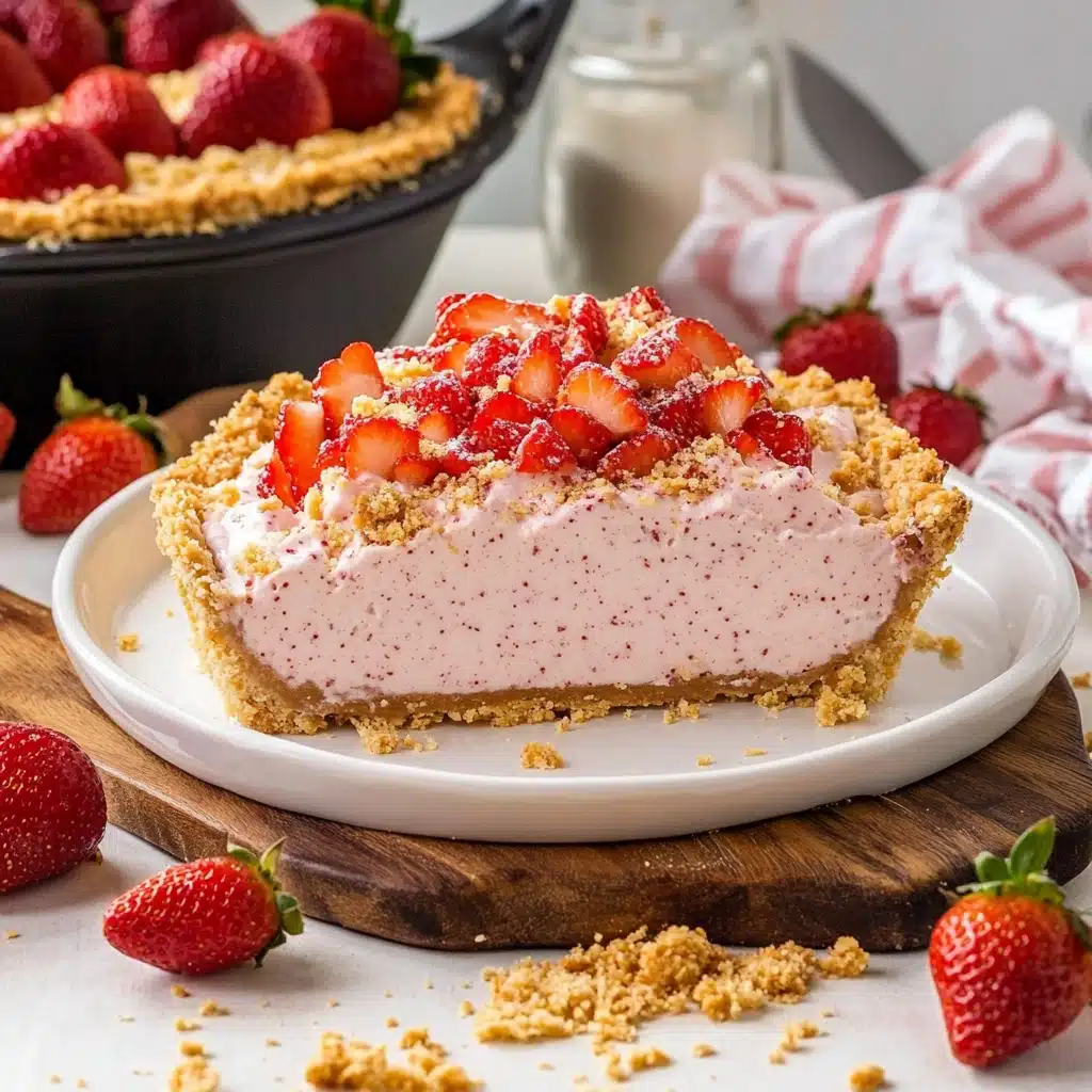 strawberry shortcake freezer pie on a white plate with pink sprinkles