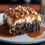 a piece of cake with chocolate and nuts on top