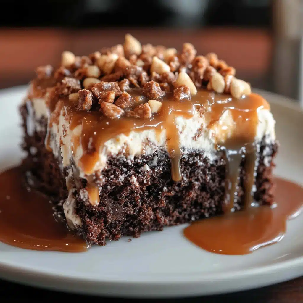 a piece of cake with chocolate and nuts on top