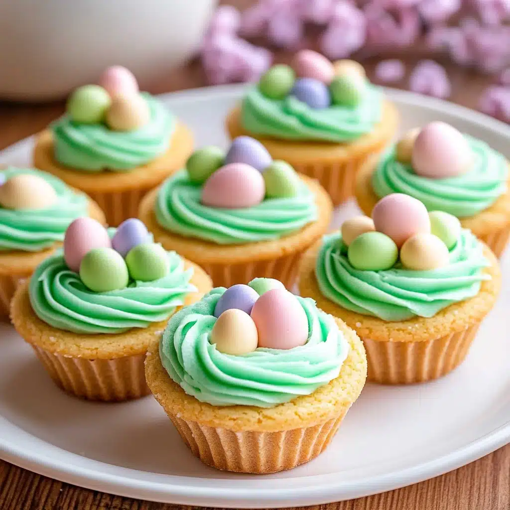 an easter cookie cupcake with green frosting and colorful eggs