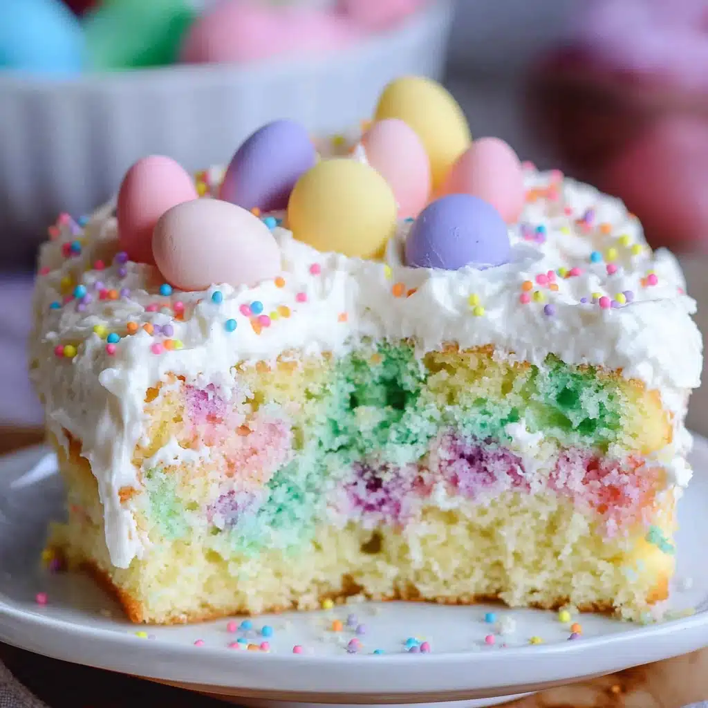 festive easter poke cake recipe with marshmallows and colored frosting on top