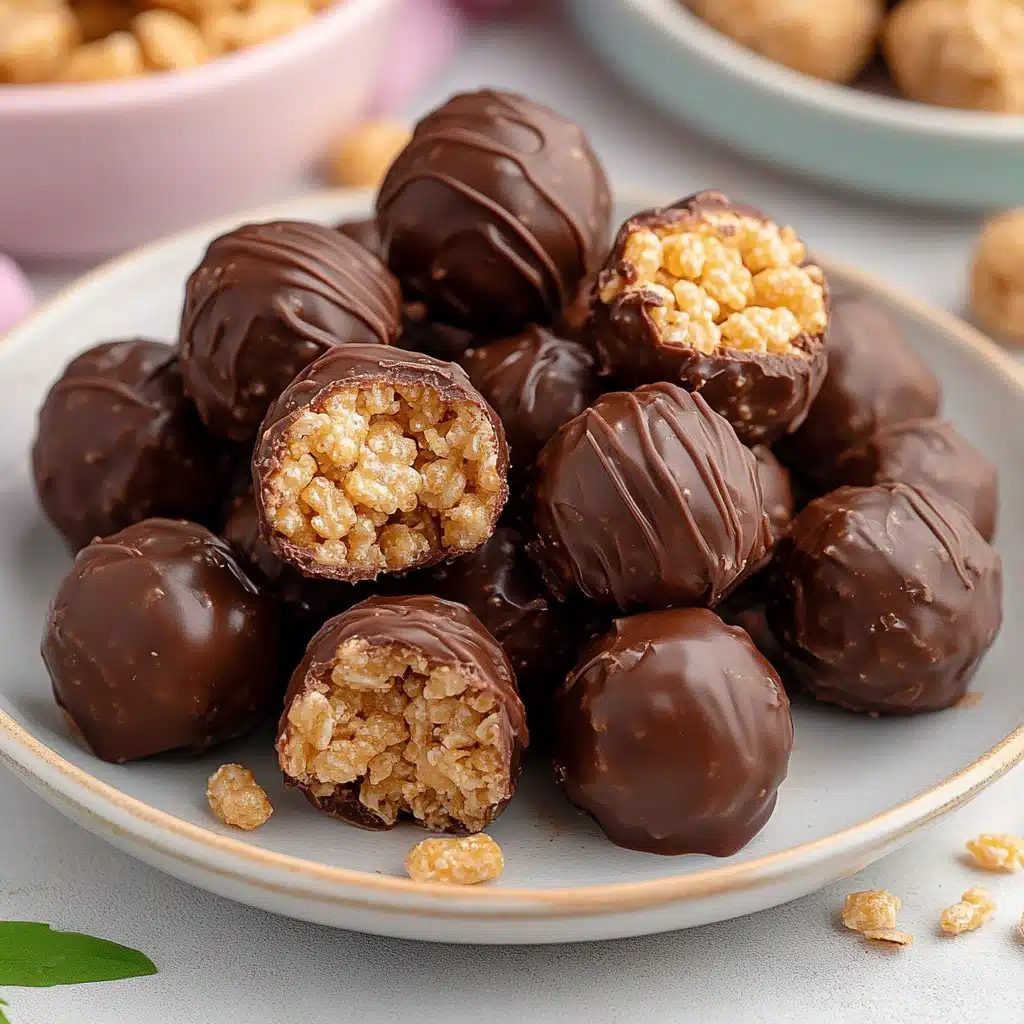chocolate covered peanut butter balls are stacked on top of each other, with one bite taken out