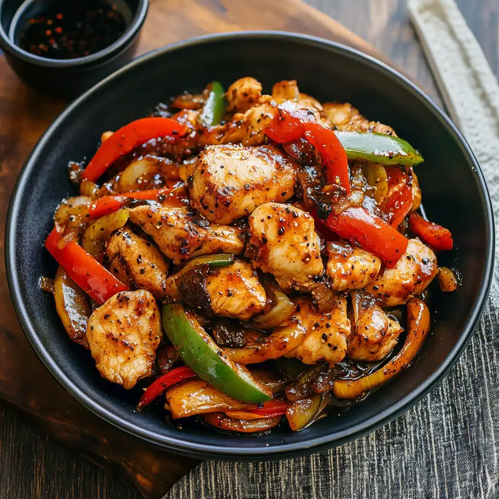 two plates filled with chicken and peppers on top of rice