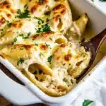 garlic butter chicken alfredo stuffed shells in a skillet with text overlay that reads garlic butter chicken alfredo stuffed shells