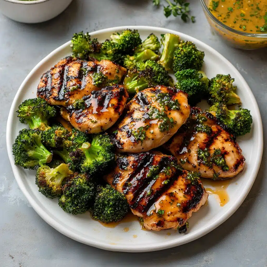 grilled chicken and broccoli bouils with creamy garlic sauce in a bowl