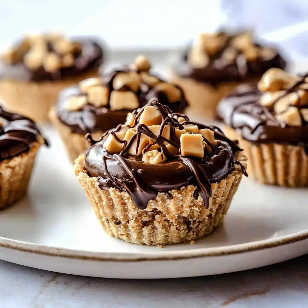 mini chocolate peanut butter pies stacked on top of each other with text overlay