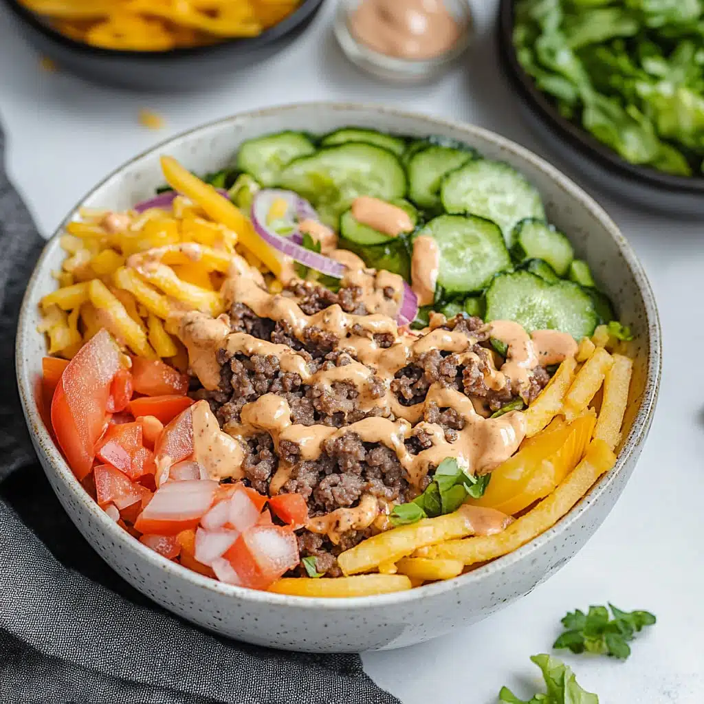 healthy loaded cheeseburger bowls in a bowl with french fries and pickles on the side