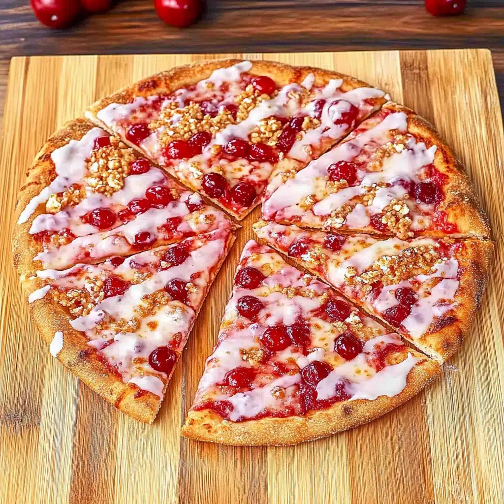 a cherry pie with crumbled toppings on it sitting on a table top