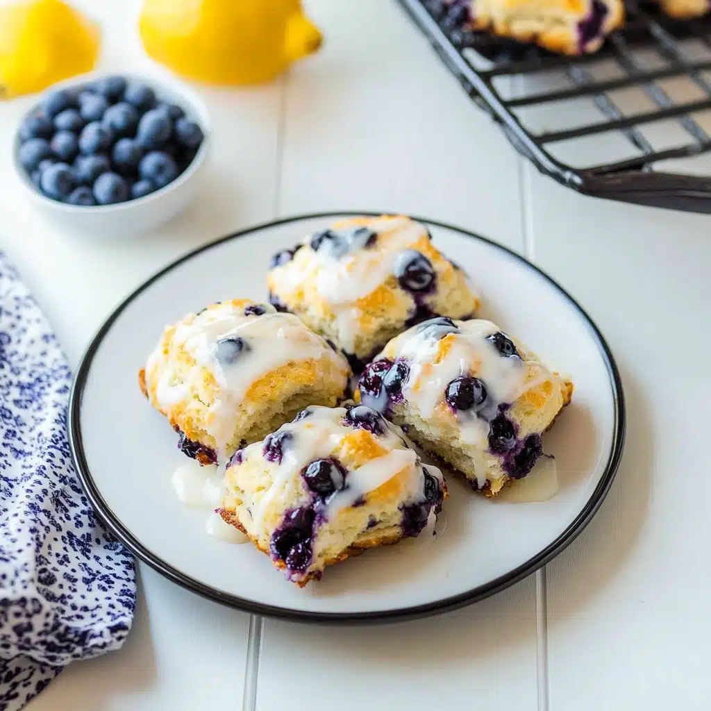 sweet blueberry biscuits on a baking sheet with text overlay that reads, sweet blueberry biscuits