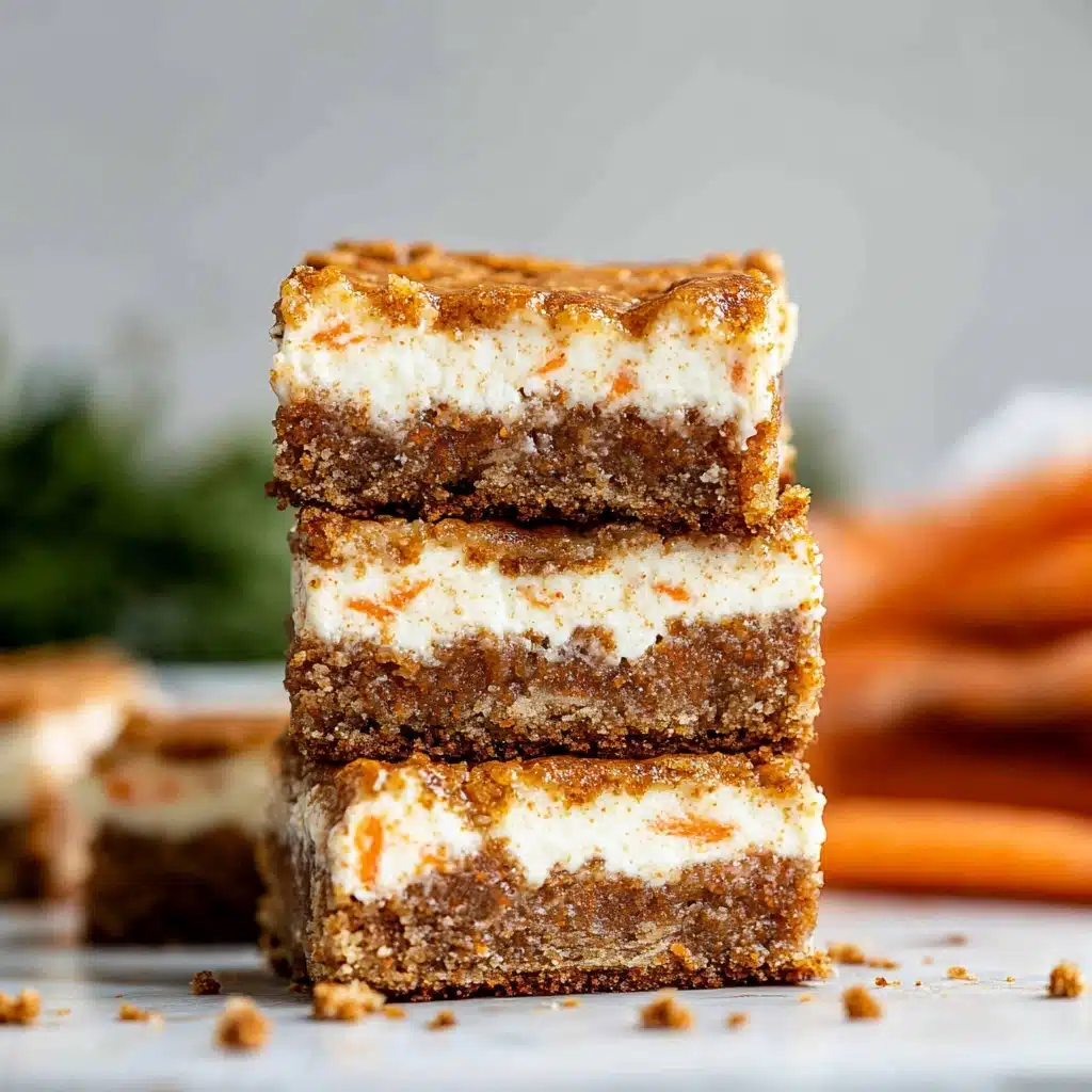 carrot cake cheesecake bars on a cooling rack with carrots and other dessert items