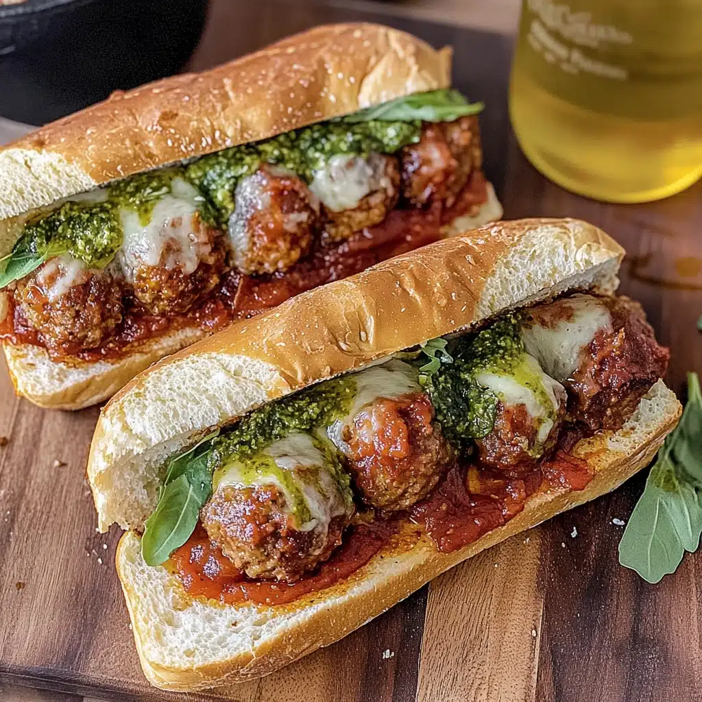 two pictures of meatball subs with cheese and sauce on them, one is cut in half