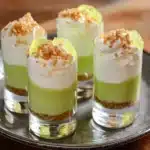 three small desserts with lime slices and whipped cream on top, sitting next to each other
