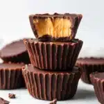 chocolate peanut butter cups stacked on top of each other with the title text above it