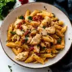 two plates filled with pasta and chicken covered in sauce