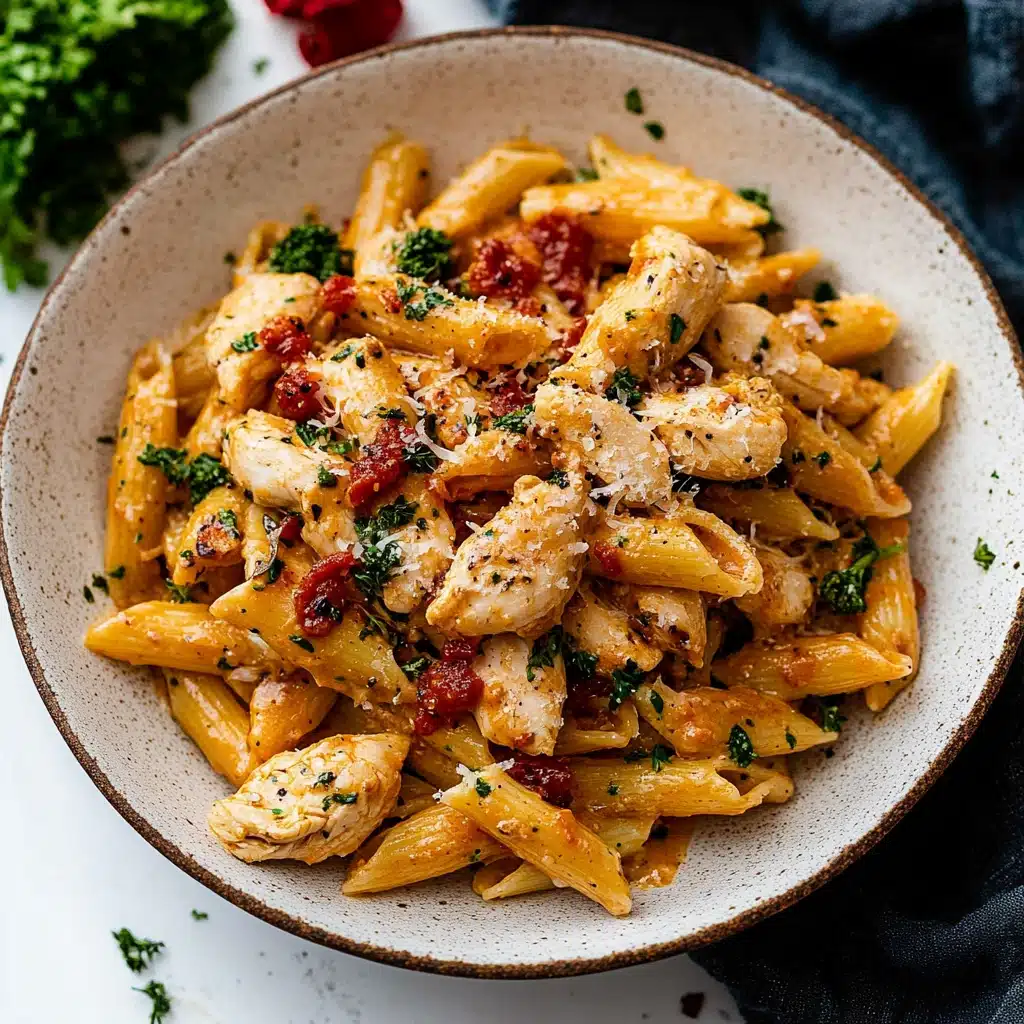 two plates filled with pasta and chicken covered in sauce