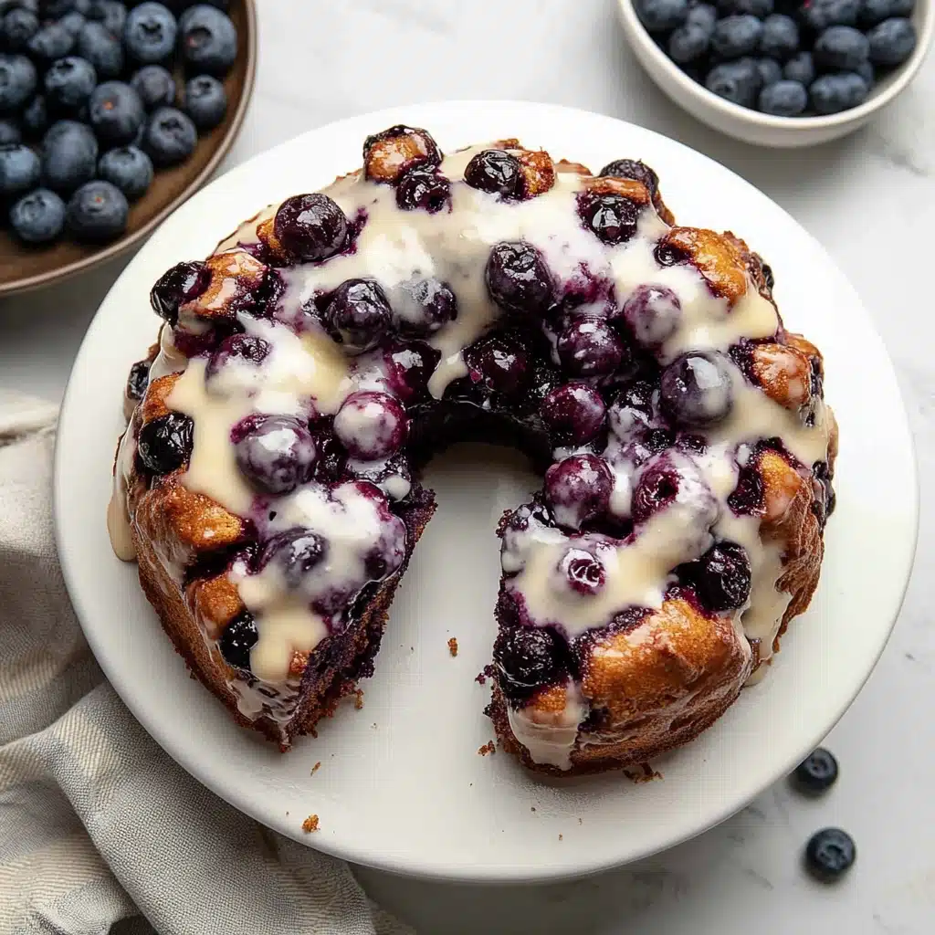 a blueberry monkey bread is on a plate with white icing and drizzled