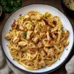 chicken linguine with text overlay that reads cowboy butter chicken linguine