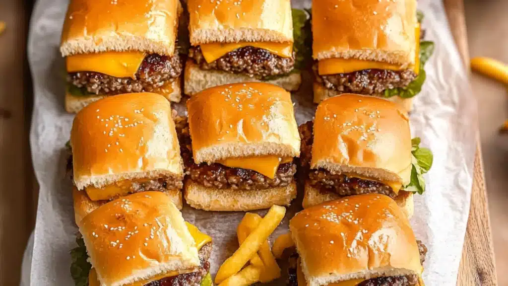 the cheeseburger sliders are cut in half and stacked on top of each other