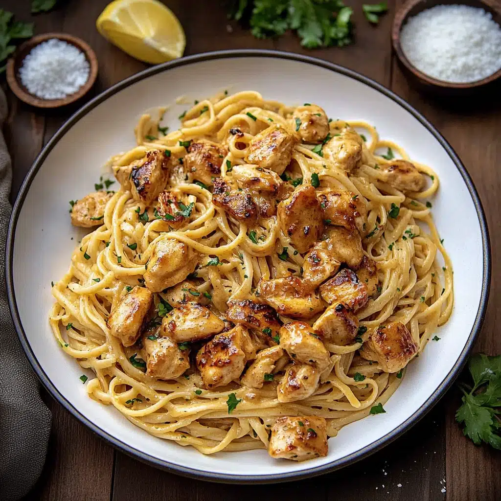 chicken linguine with text overlay that reads cowboy butter chicken linguine