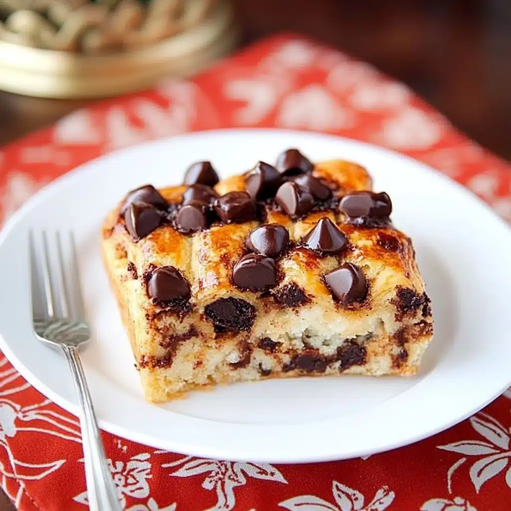 chocolate croissant breakfast bake in a casserole dish with text overlay