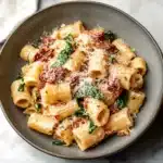 a bowl filled with pasta and spinach on top of a marble countertop next to a fork