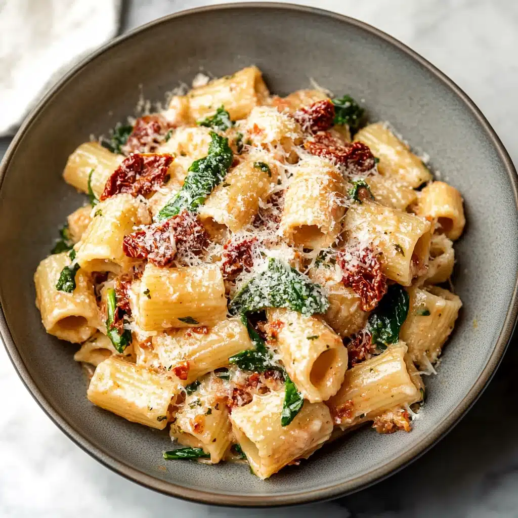 a bowl filled with pasta and spinach on top of a marble countertop next to a fork
