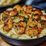 garlic butter chicken bites with savory creamy parmesan pasta in a skillet