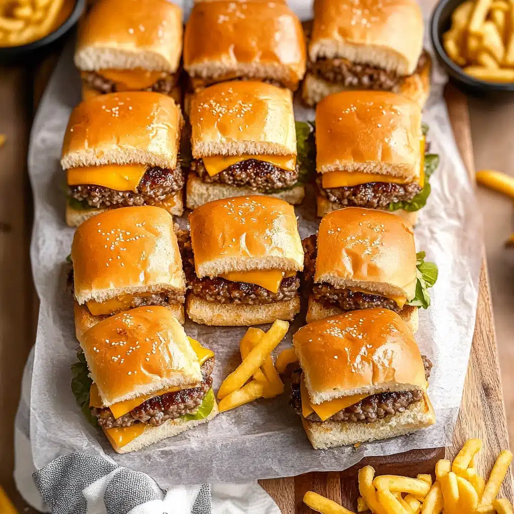 the cheeseburger sliders are cut in half and stacked on top of each other