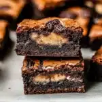 four chocolate brownies with white frosting stacked on top of each other