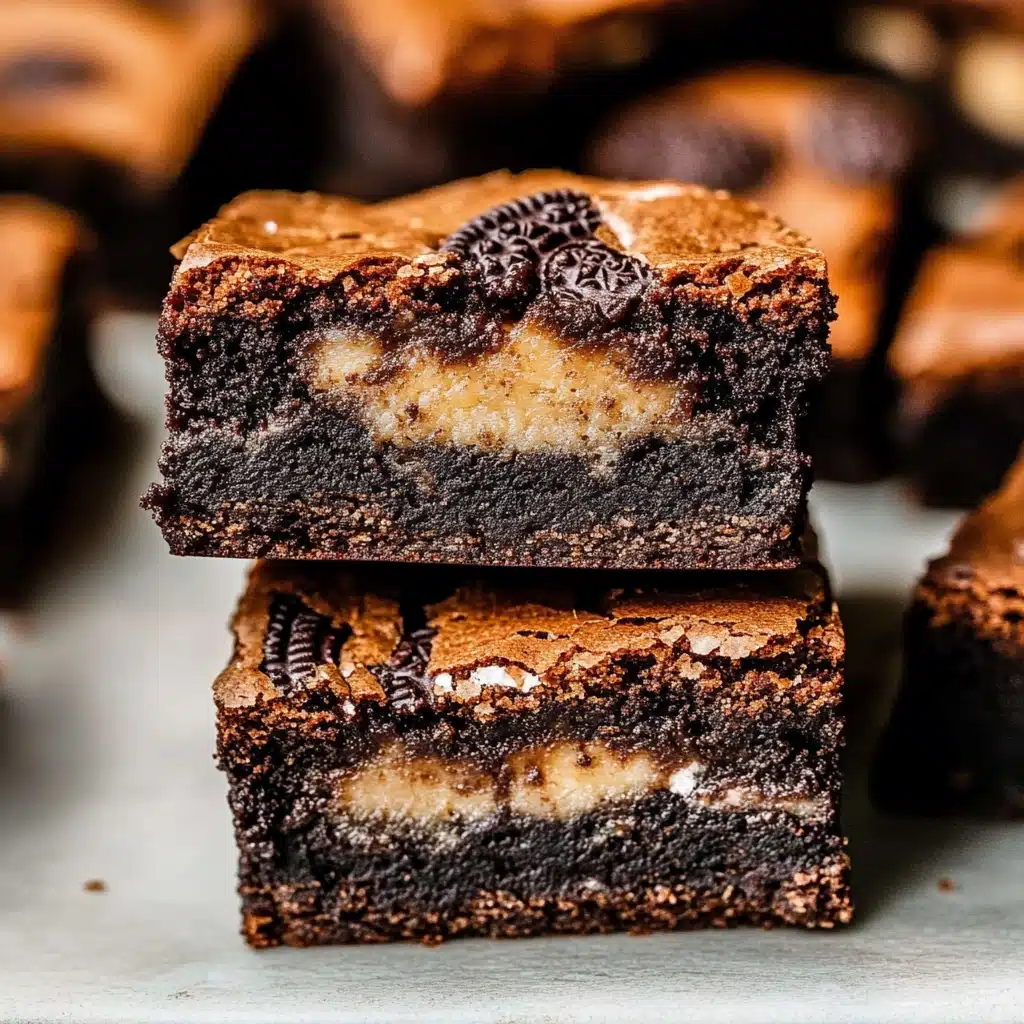 four chocolate brownies with white frosting stacked on top of each other