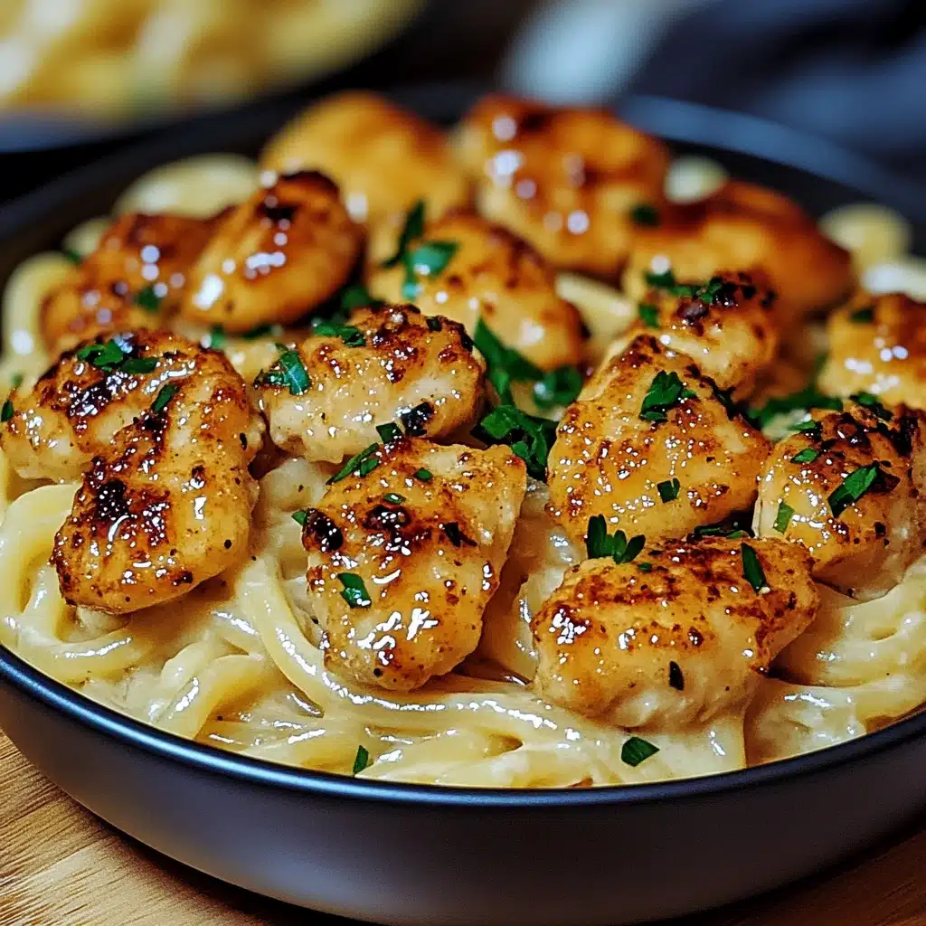 garlic butter chicken bites with savory creamy parmesan pasta in a skillet