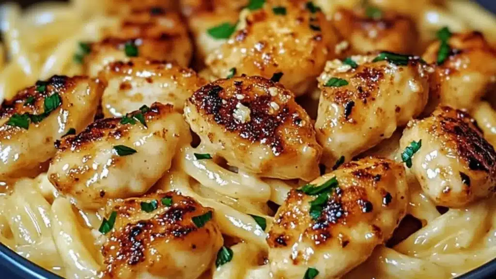 garlic butter chicken bites with savory creamy parmesan pasta in a skillet