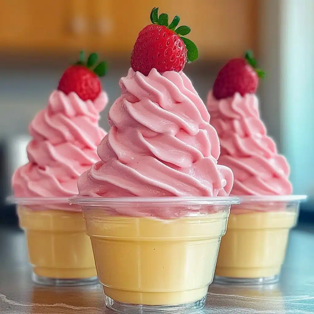 strawberry dole whip in a plastic cup with strawberries on top