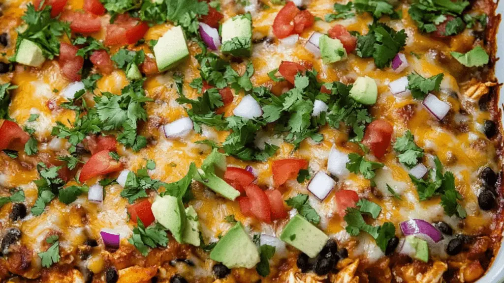 a casserole dish filled with chicken and black beans