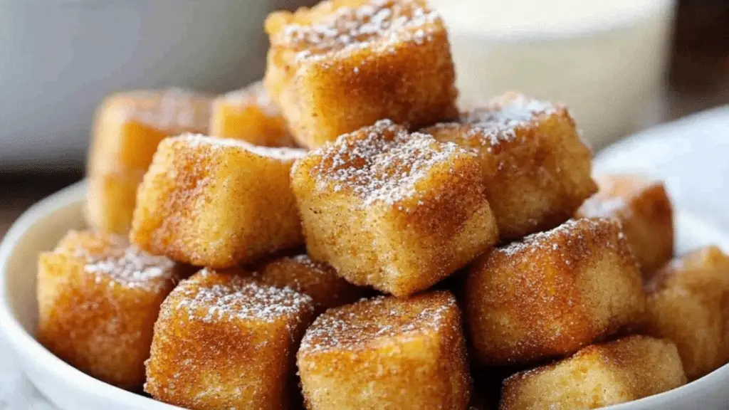 cinnamon sugar french toast muffins stacked on top of each other with text overlay