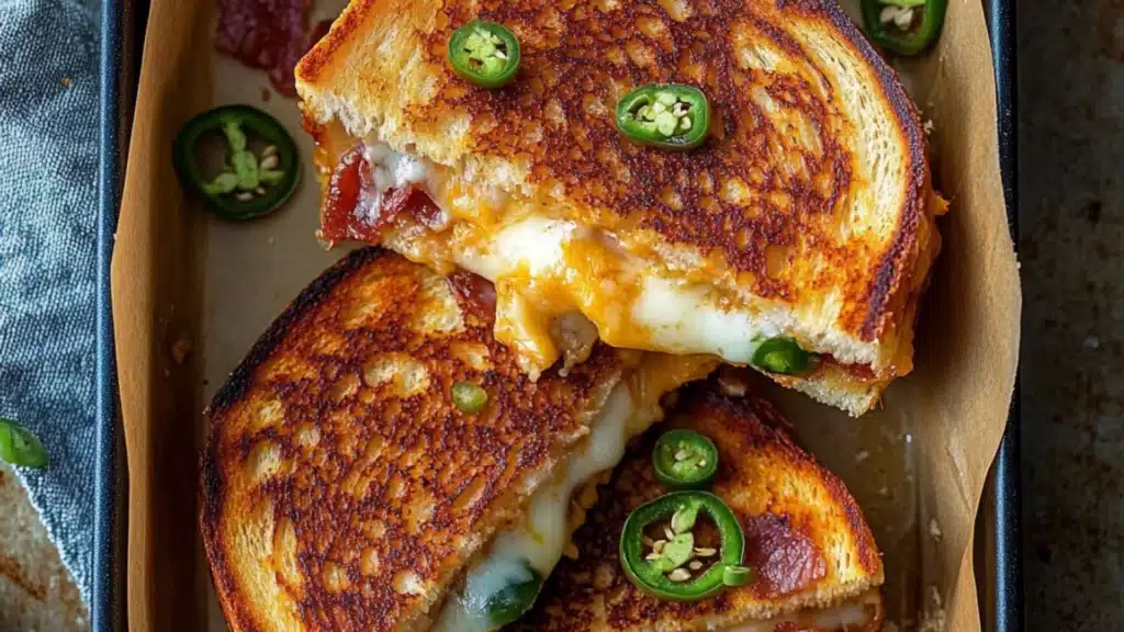 A roasted jalapeno popper grilled cheese sandwich on a plate, cut open showing the filling. Three additional images of the sandwich are shown indicating the assembly one with jalapeno cream cheese, one with bacon, and finally with cheese.