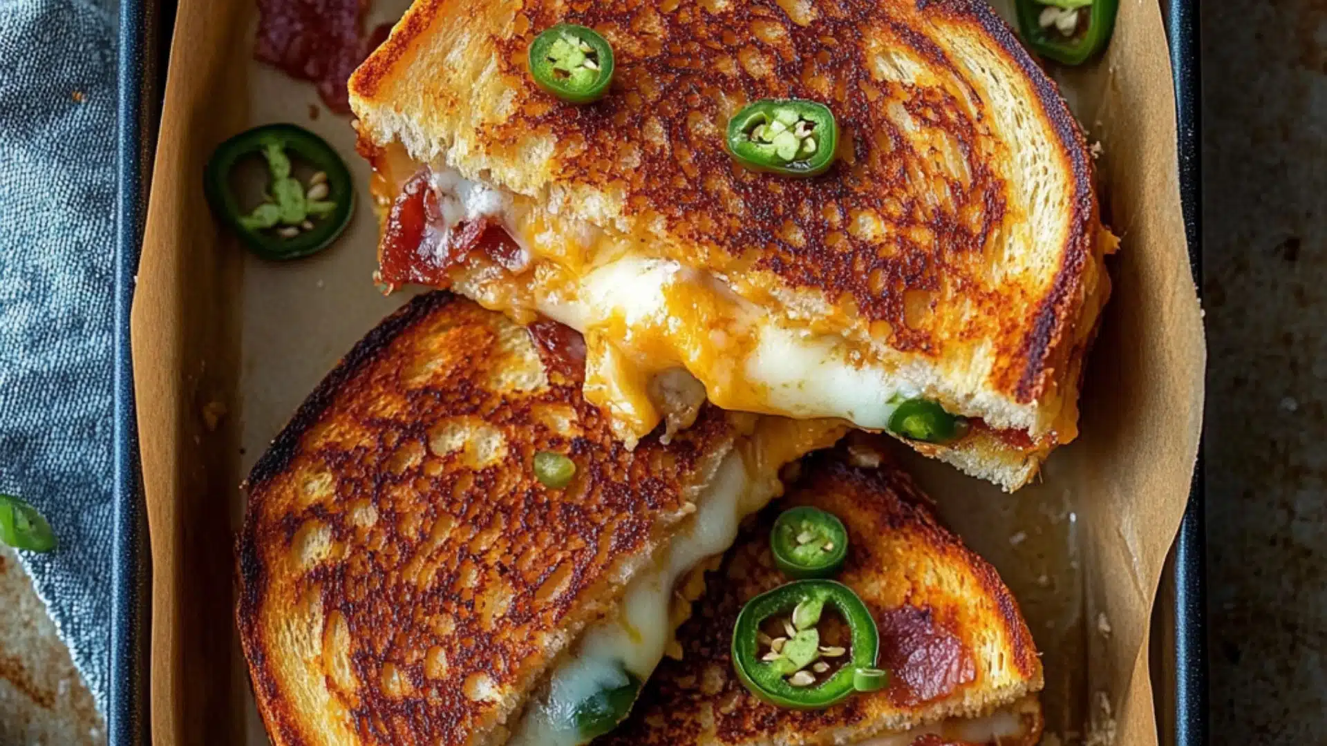 A roasted jalapeno popper grilled cheese sandwich on a plate, cut open showing the filling. Three additional images of the sandwich are shown indicating the assembly one with jalapeno cream cheese, one with bacon, and finally with cheese.
